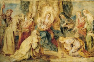 The Virgin and Child enthroned adored by eight Saints