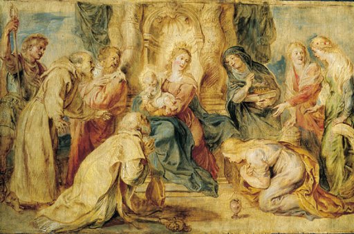 The Virgin and Child enthroned adored by eight Saints