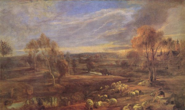 Evening Landscape with sheep and herd